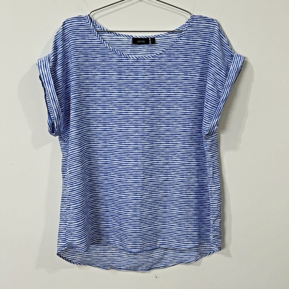 APT. 9 Womens Blouse L Blue White Stripe Tunic SS Relaxed Fit Hi-Low Silky Top